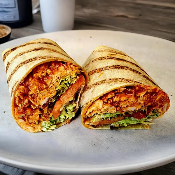 Two halves of a grilled chicken wrap, filled with lettuce, tomato, and a savory sauce.
