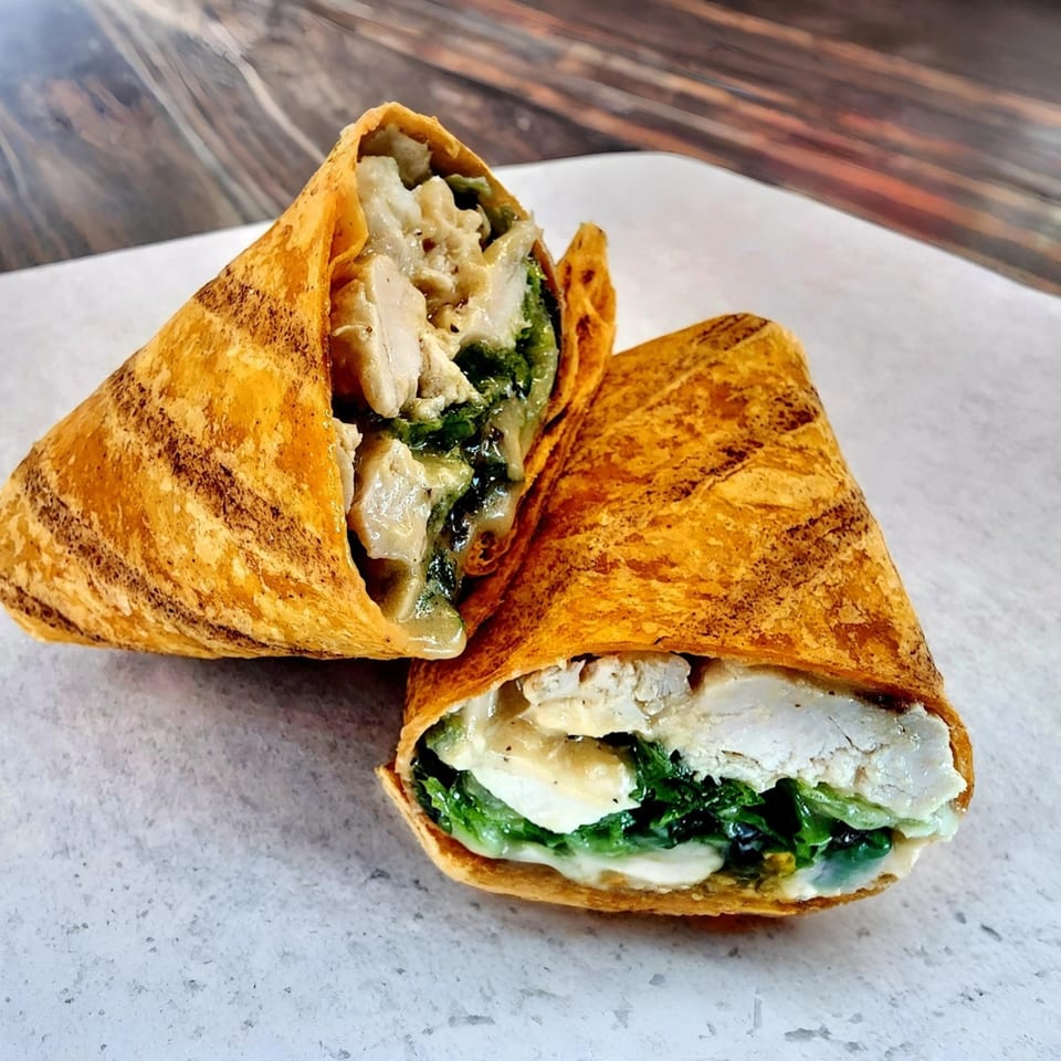 Two halves of a Yellow Mustard chicken and spinach wrap, filled with creamy sauce, on a white surface.